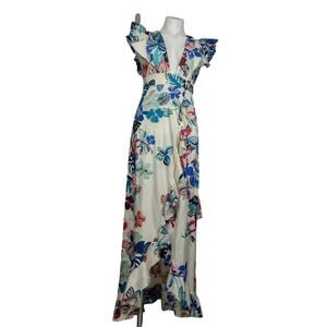 Alexis Tropical Floral Print Ruffle V-neck Wrap Maxi Dress Calipso White Size XS